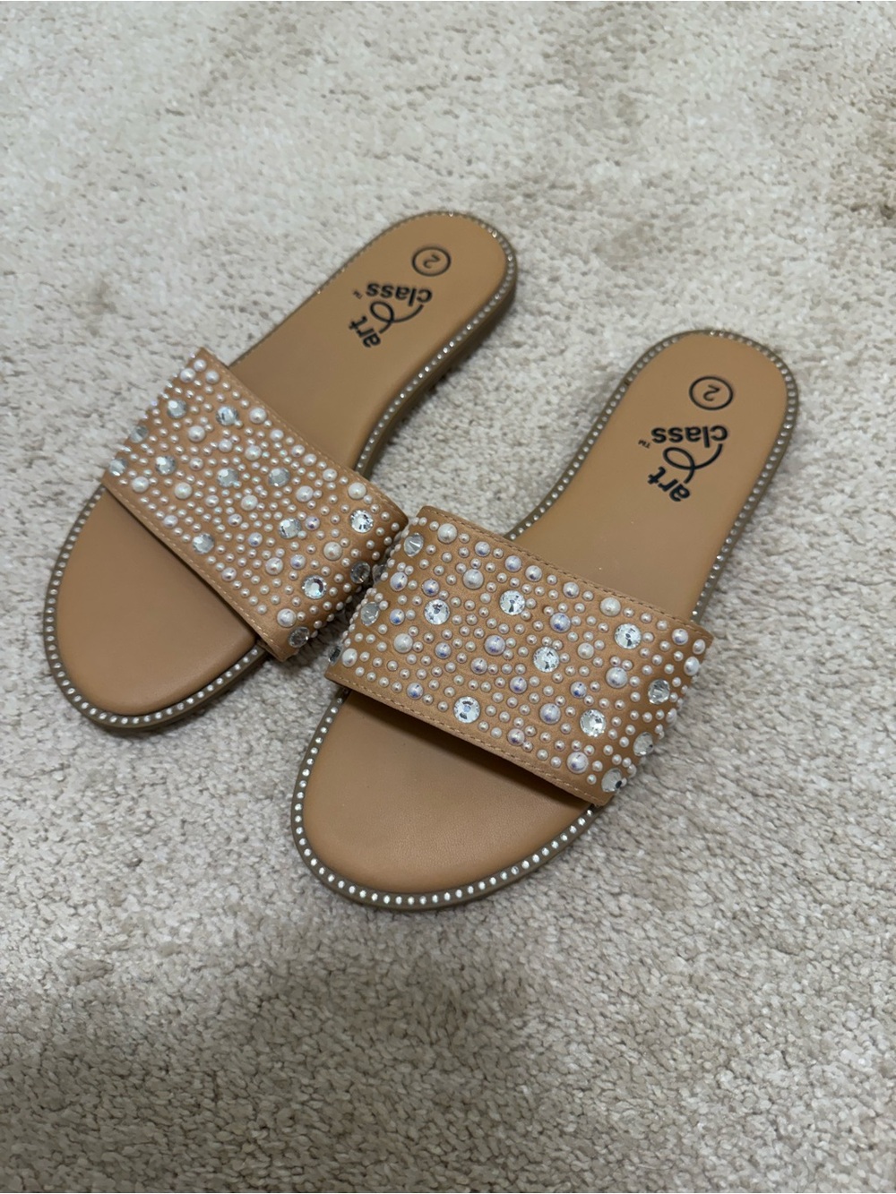 art class Tan Jeweled Slide Sandals with Clear Accent Gems